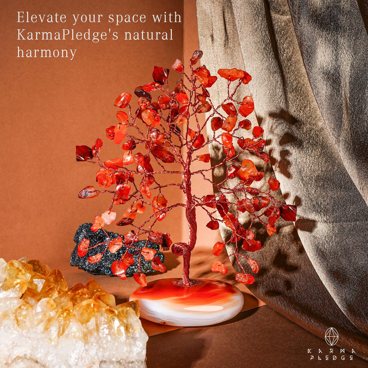 KARMAPLEDGE Crystal Tree of Life Home and Office Feng Shui Decor, Carnelian Healing Crystal Handmade Bonsai Tree for Positive Energy, Good Luck, Money, Christmas Decor, Birthday Gifts for Women, Mom