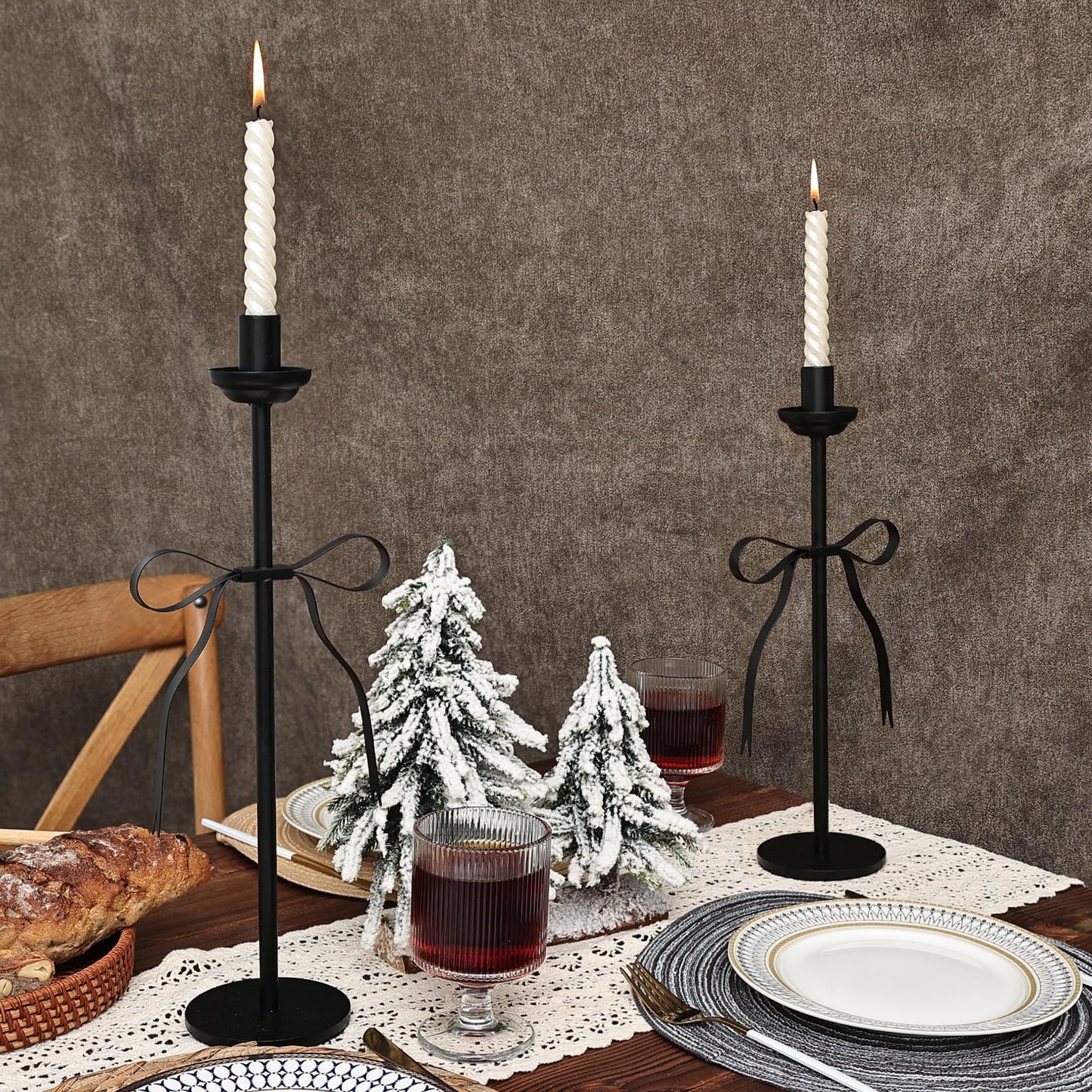 Black Taper Candlestick Holders,Set of 2 Bow Candle Stick Holders,Metal Modern Candle Stands Decorative for Dining Table Centerpiece,Wedding Decor