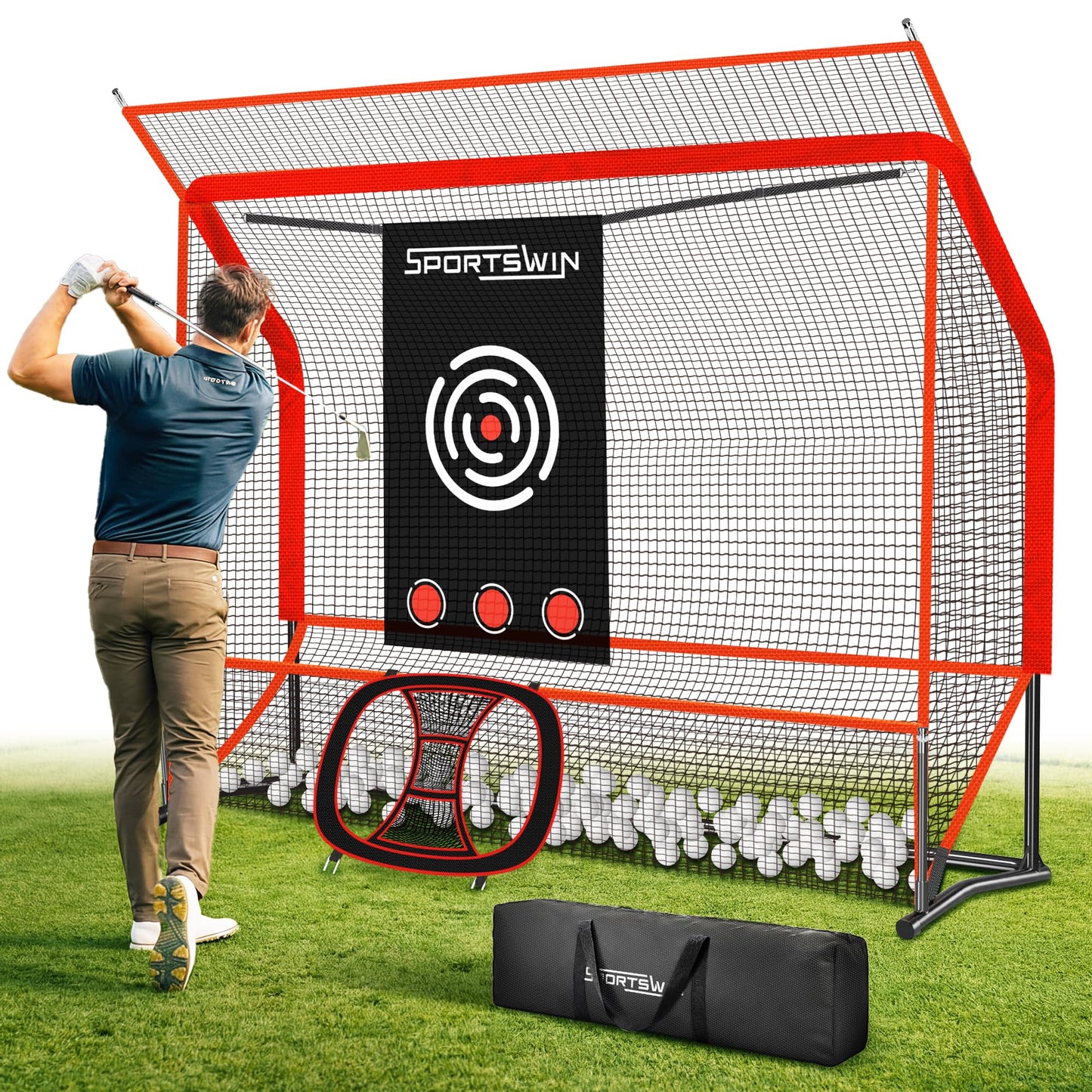 Golf Practice Net Set 10x7.5FT, Heavy Duty Golf Hitting Net for Backyard & Indoor Training, Golf Swing Practice Net with Ball Return System, Extended Top Barrier, Target Cloth & Carry Bag.