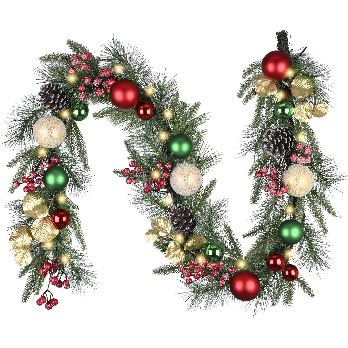 Valery Madelyn 6 Ft Pre-Lit Christmas Garland with Light for Mantle, Lighted Outdoor Xmas Garland with Red Green Gold Ball Norfolk Pine for Home Stairs Fireplace Table Centerpiece Indoor Holiday Decor