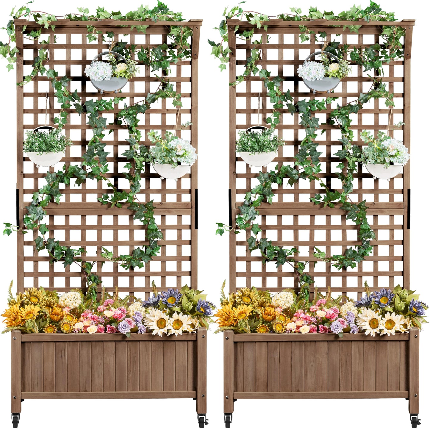 Yaheetech 72" H Garden Planter with Trellis for Vine Climbing Horticultural Plants, Outdoor Raised Box with Drainage Holes, Raised Garden Bed for Flowers, Dark Brown, 2pcs