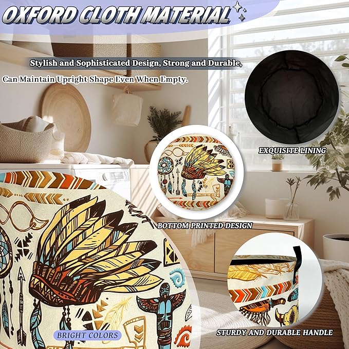 Feather Printed Laundry Basket Oxford Cloth Foldable Boho Laundry Hamper