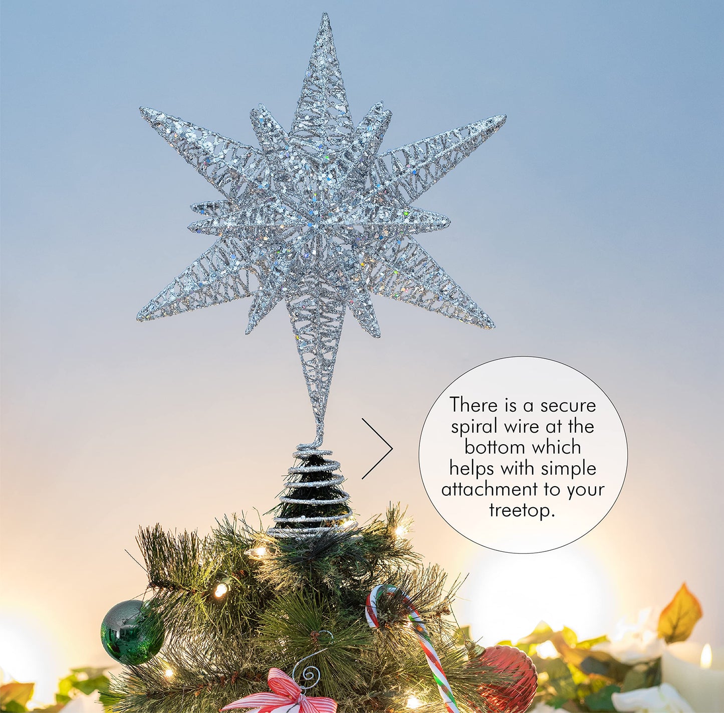 Ornativity Silver Star Tree Topper – Christmas Silver 3D Glitter Star Toppers Ornament Treetop Xmas Trees Top Decoration Holiday Decor 16"