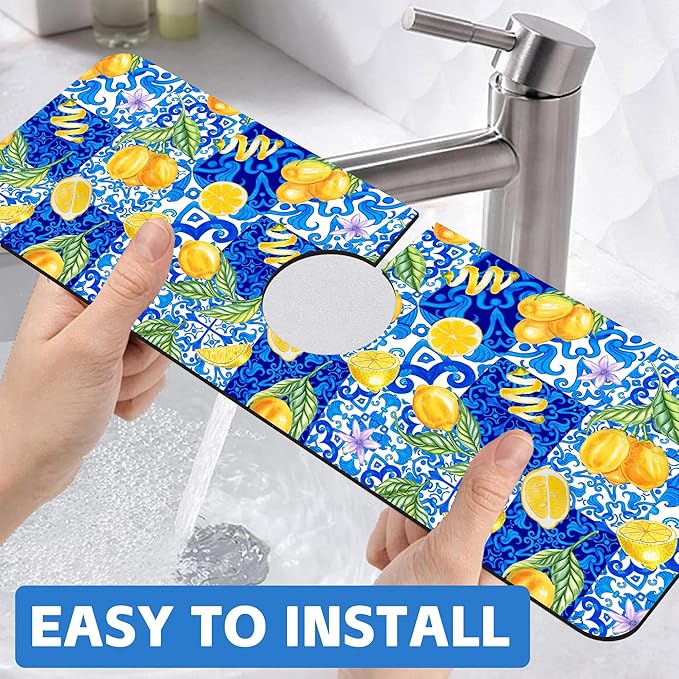 Blue Tiles and Yellow Lemon Sink Faucet Absorbing Mat Sink Splash Guard Faucet