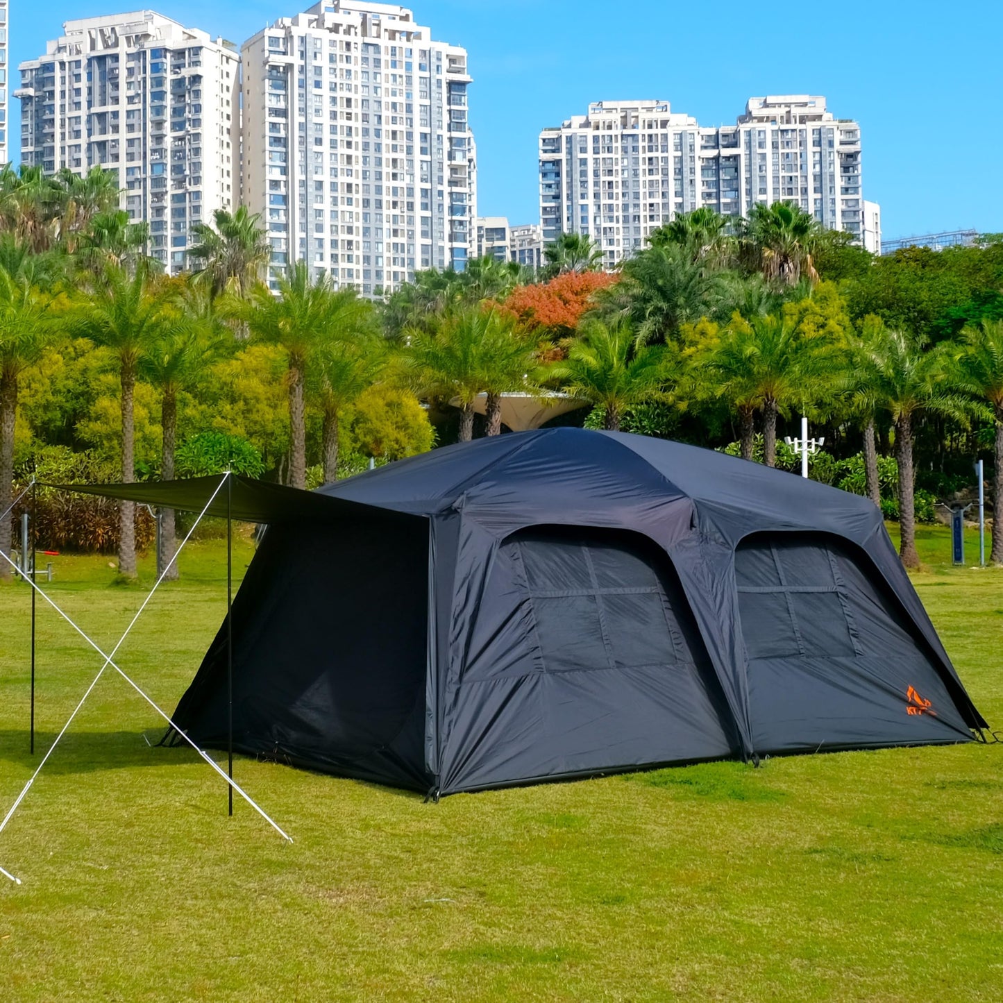KTT Extra Large Tent 12 Person,Family Cabin Tents,Awning,2 Rooms,4 Doors and 4 Windows with Mesh,Straight Wall,Waterproof,Double Layer,Big Tent for Outdoor,Picnic,Camping,Family Gathering(Black)