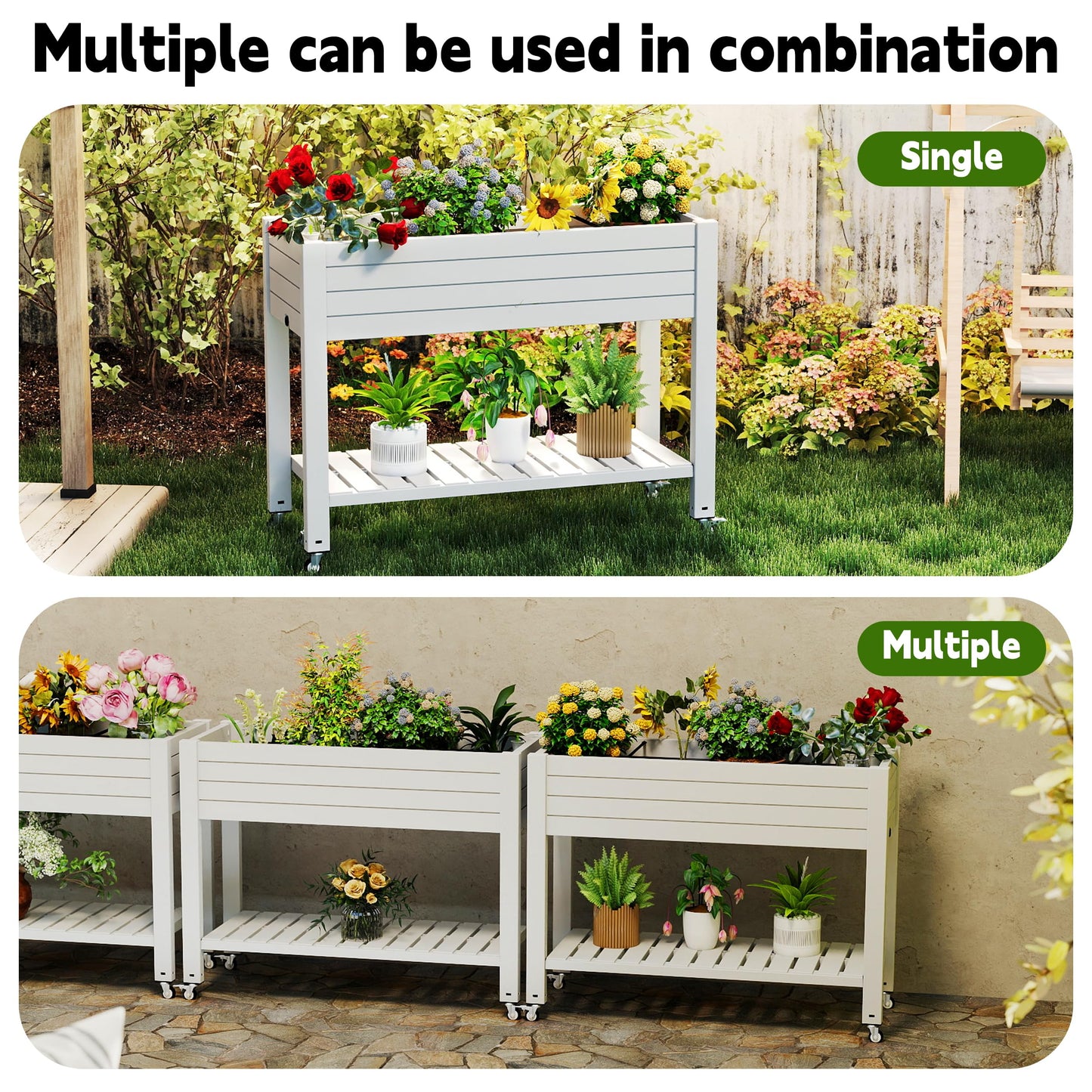 EasyUp Elevated Horticulture Raised Garden Bed with Legs, Divisible Raised Resin Planter Box for Backyard, Patio, Balcony, with 4 Legs, 4 Swivel Lockable Wheels, and Storage Shelf,Ashen