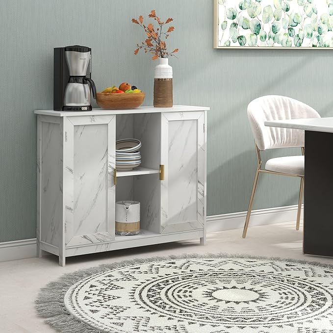 TaoHFE Marble Top Narrow Sideboard Cabinet, Modern White Marble Side Buffet