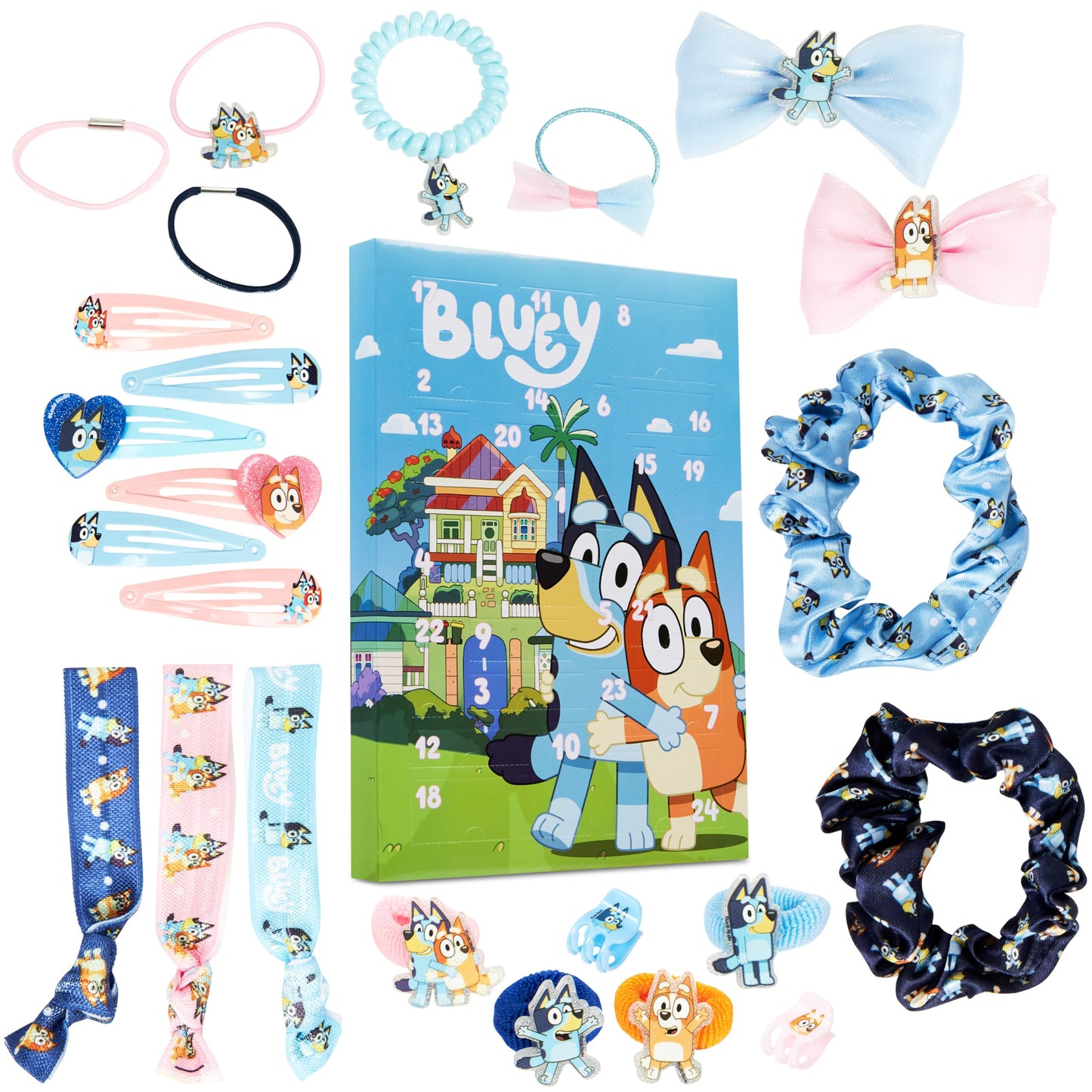 Bluey Hair Accessories Advent Calendar 2025 for Girls Christmas Countdown with 24 Hair Clips Bows Scrunchies Ties Claw Clips, Holiday Gifts for Girls