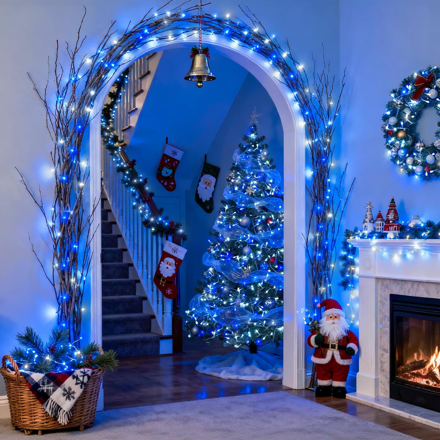 JMEXSUSS Connectable Blue and White Christmas Lights, 8 Modes 100 LED Twinkle String Lights Indoor, Clear Wire Plug-in Christmas String Lights Outdoor Waterproof