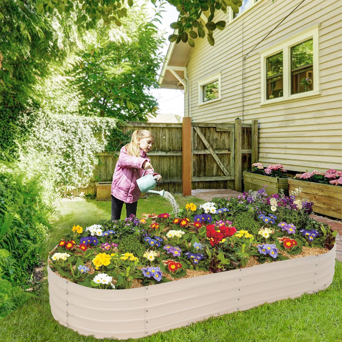 Sundale Outdoor 2 Pack Galvanized Raised Garden Bed Kit, 6x2.7x1ft Planter Raised Garden Boxes Outdoor with Anti-Rust Paint, Oval Metal Planter Box for Vegetables Flower（Beige）