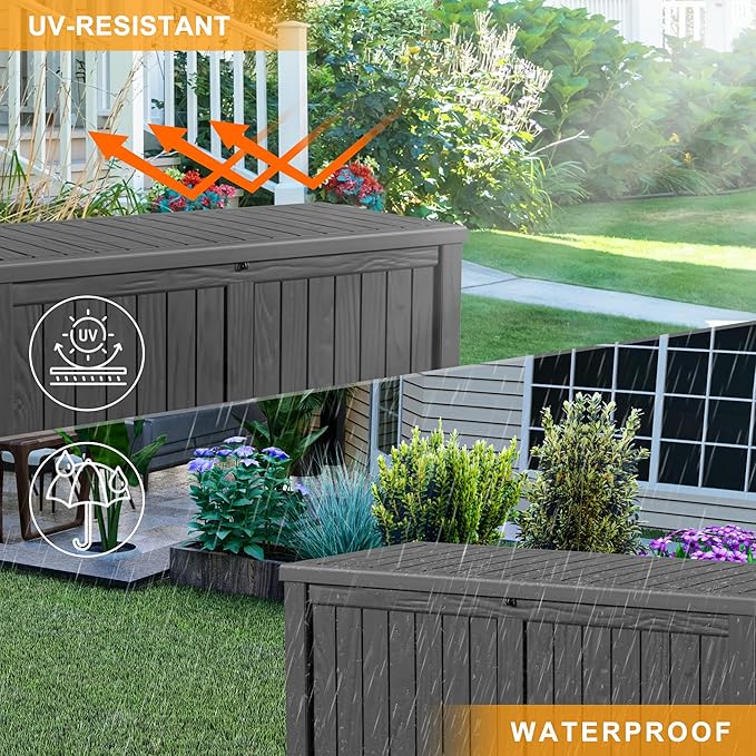 DRATO 120 Gallon Large Deck Box, Outdoor Storage Box for Patio Furniture, Patio Cushions, Gardening Tools, Pool Supplies,660lbs Weight Capacity,Waterproof Resin Storage Boxes（Black，120 Gallon）