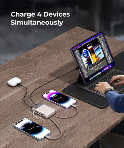 Portable-Charger-Power-Bank Travel Essentials Battery Pack USB C 30000mAh Built in Cable 22.5W Phone Fast Charging Powerbank Compatible with iPhone 16 15 14 13 12 11 iPad Samsung Google Xiaomi