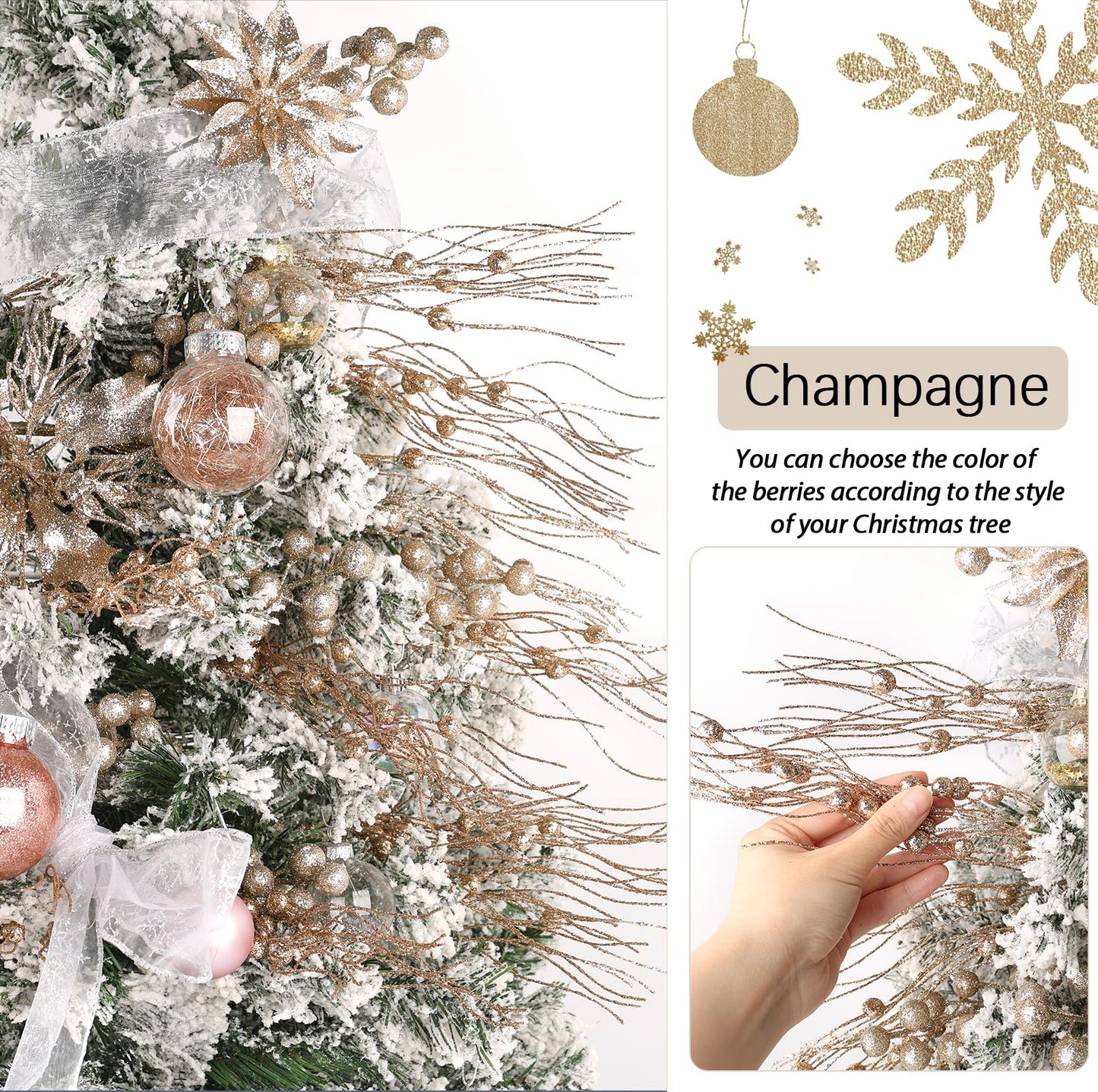 Artificial Glitter Berry Stem Ornaments, 10 Pack Decorative Bead Sticks, Christmas Picks, Glittery Twigs Branches for Christmas Tree DIY Wreath Crafts Vase Filler Home Decor (Champagne, 10 PACK)