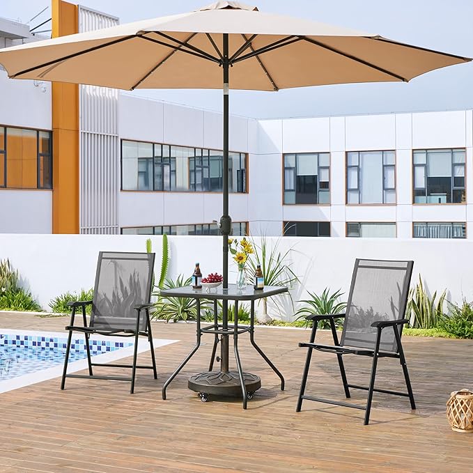 Yaheetech Patio Dining Chairs Set of 2 with Armrests, Outdoor Folding Chairs with Metal Frame and Backrest for Lawn, Garden, Yard and Poolside, Gray