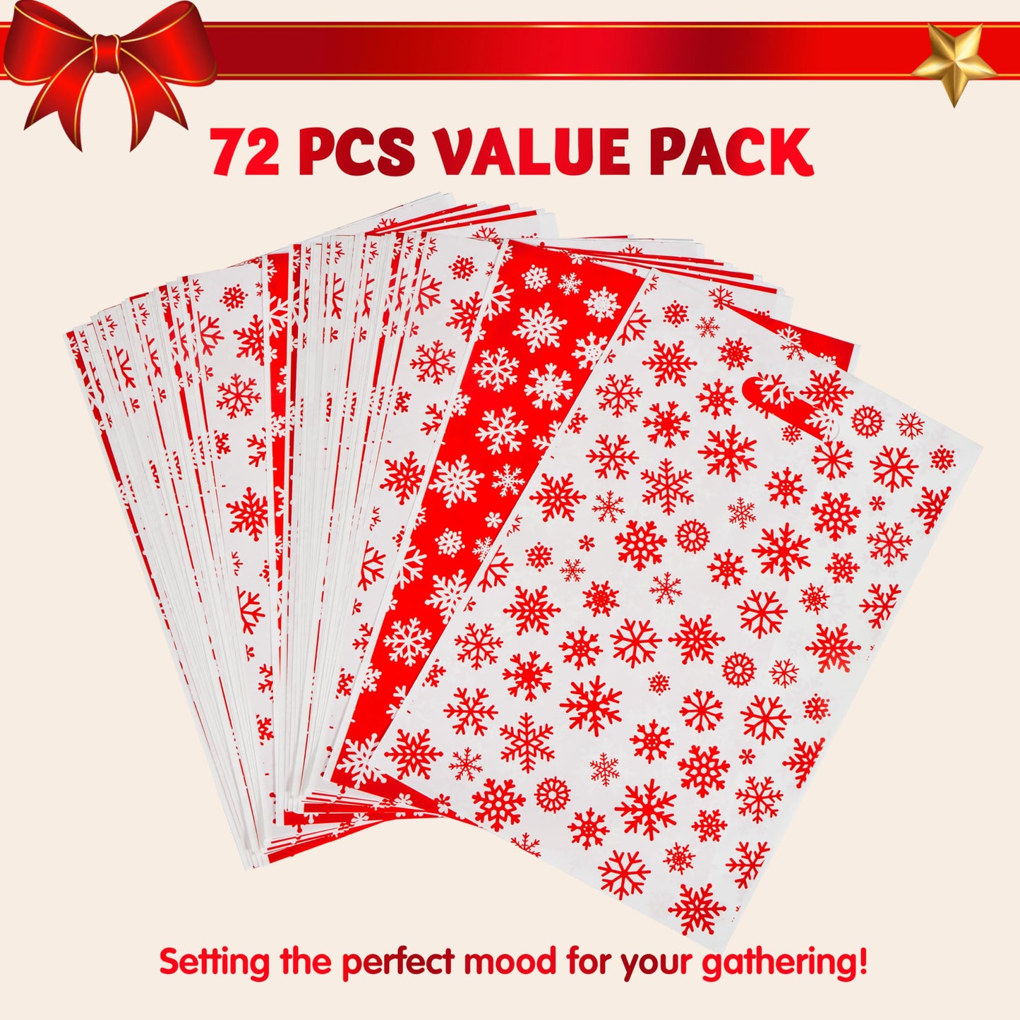 JOYIN 72 PCS Christmas Snowflake Bags for Xmas Holiday Goody Gift, 11" x 16"Christmas Snacks Plastic Shopping Bags with Handles for Present Wrapping, Party Decoration Supplies (Red White)