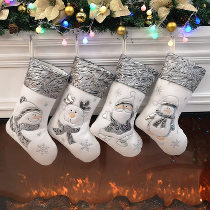 BSTAOFY Christmas Stockings Set of 4 Soft Non-Woven Patterned Santa Claus Animals Socks for Assorted Xmas Tree Hanging Decor Party Ornaments Gifts Kids, Silver