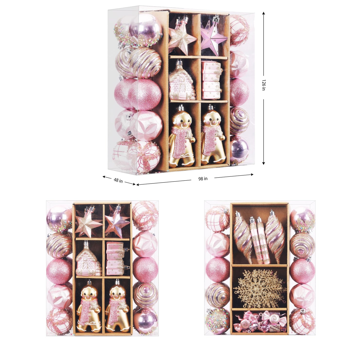 SHareconn 65pcs Christmas Tree Ornaments Set, Shatterproof Christmas Gingerbread Man Balls Bulk Gift Boxes, Hanging Plastic Decorative Baubles for Xmas Trees Decorations, Holiday Party, Pink Gold