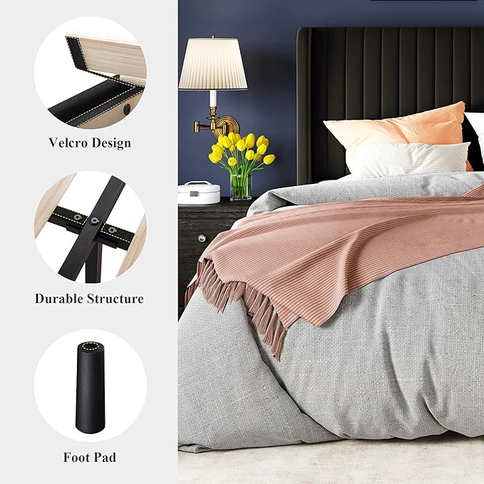Allewie Full Size Velvet Bed Frame/Vertical Channel Tufted Wingback