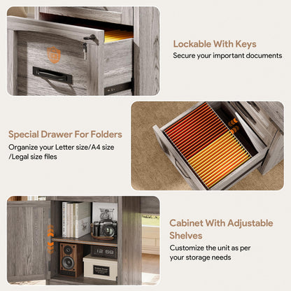 Decofy 67" Farmhouse L Shaped Standing Desk with Drawers Home Office Executive Desks with Fast Charging Station, Lockable File Cabinet, Wood Writing Computer Desk for Work, Study, Grey