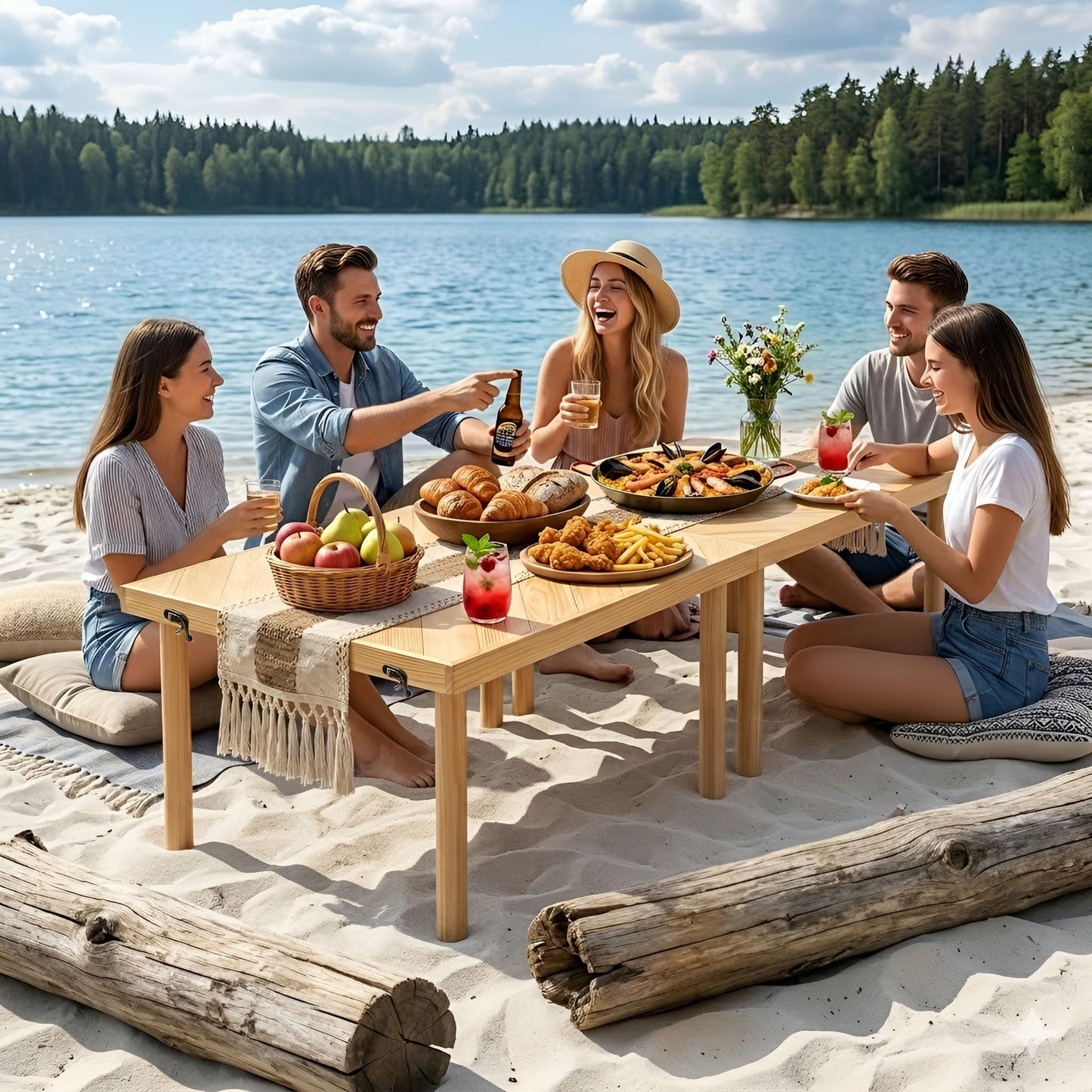 Tademis 60" x 30" Folding Picnic Table with Table Runner,Upgraded 8-Legs, Extra Stable Boho Low Wood Table, Portable Large Picnic Table for Floor Seating, Adjustable Height for Beach, Wedding, Party