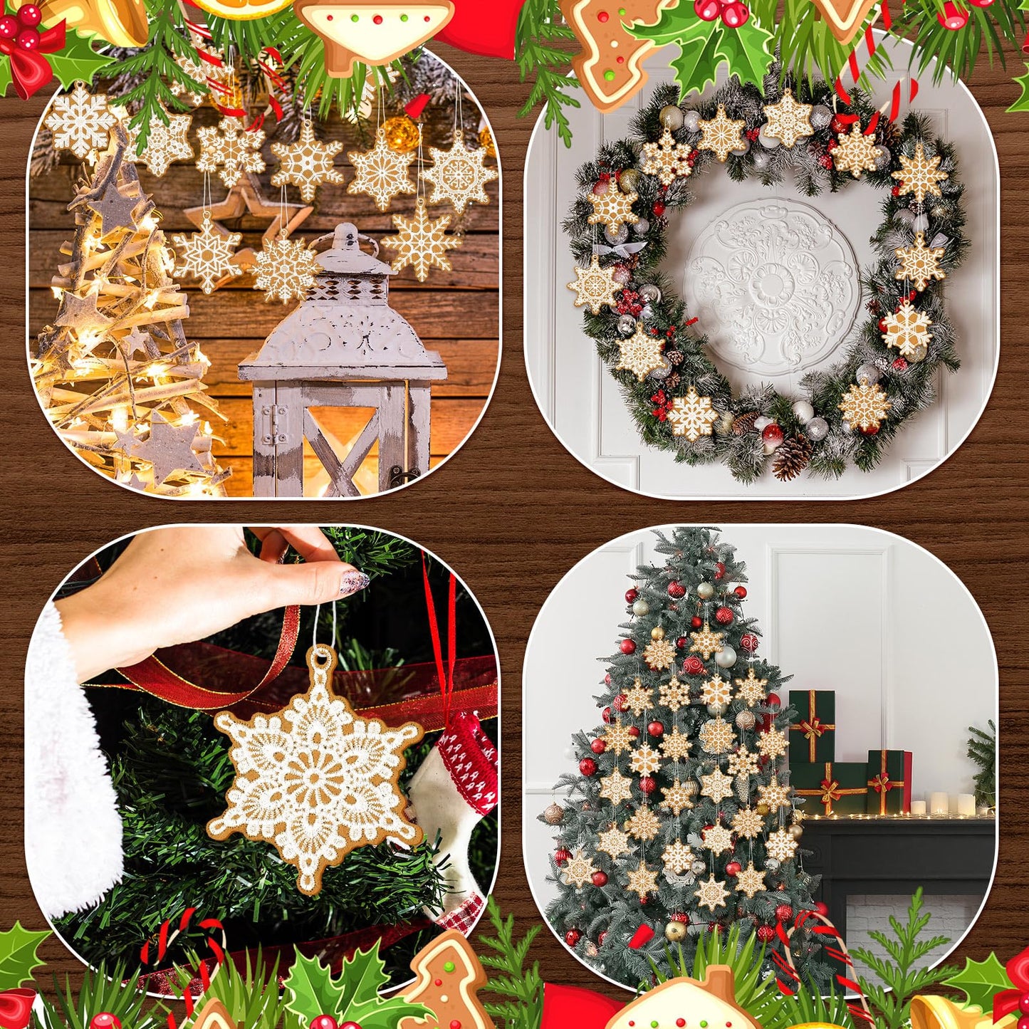 HunnmingRe 48 Pcs Christmas Gingerbread Crochet Snowflake Ornaments Winter Brown Crocheted Snowflake Bulk 12 Styles Hanging Decor for Winter Decorations Tree Wall Holiday Party Woven Gift