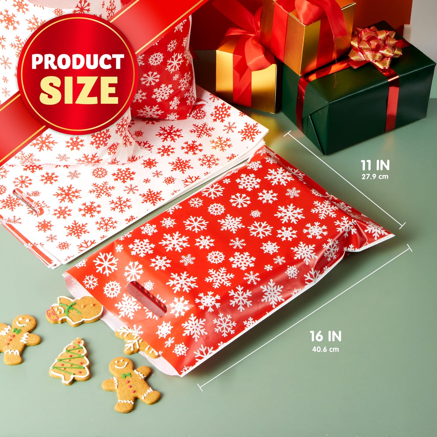 JOYIN 72 PCS Christmas Snowflake Bags for Xmas Holiday Goody Gift, 11" x 16"Christmas Snacks Plastic Shopping Bags with Handles for Present Wrapping, Party Decoration Supplies (Red White)