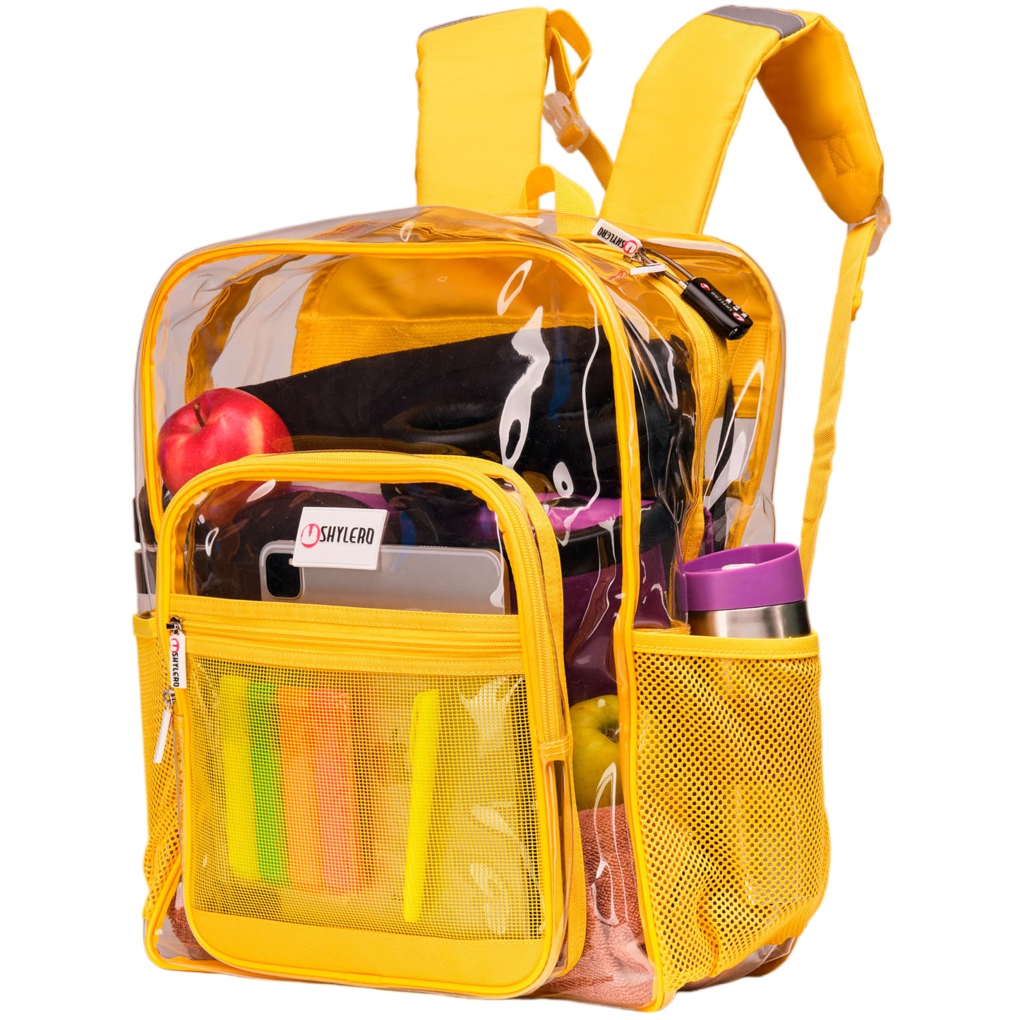 SHYLERO Clear Backpack Heavy Duty has TSA Lock, 2-WAY Zipper. PVC Transparent Backpack Is Extra Large - H18''xW14''xD8 - Yellow