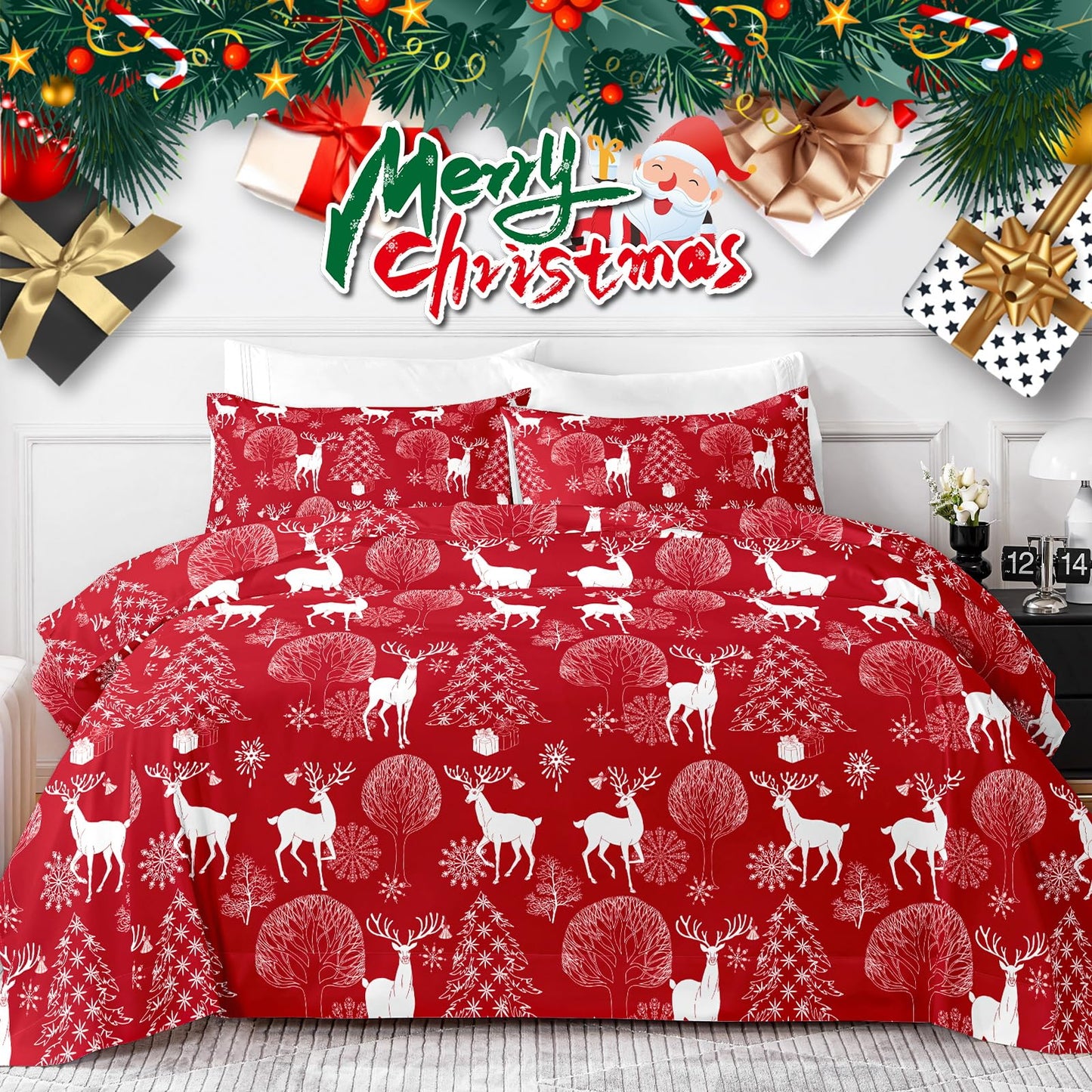 HCORA Christmas King Size Sheets Set, Luxury 1800TC Hotel Quality Double Brushed Microfiber Deep Pocket Bed Sheets, Ultra Soft, Breathable, 4PC, King
