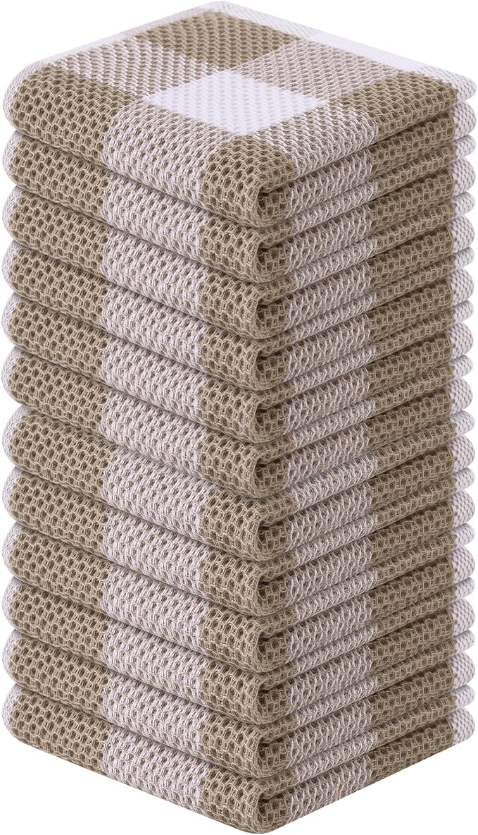 Homaxy 100% Cotton Waffle Weave Check Plaid Dish Cloths, 12 x 12 Inches