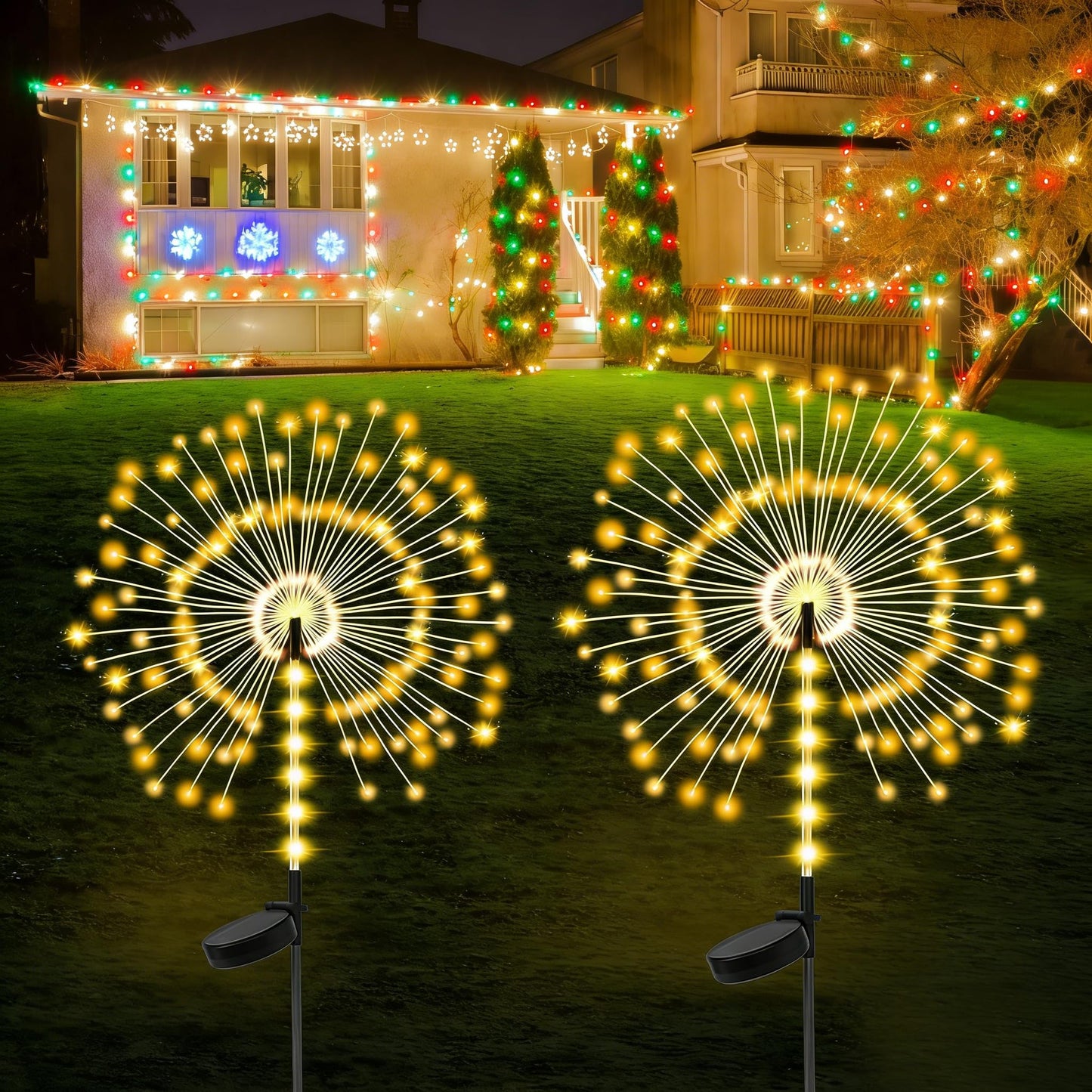 2 Pack 250LED Solar Garden Lights Outdoor, Dual Lighting Modes Firework Lights Solar Powered, Waterproof Twinkle Fairy Light Outside for Yard Patio Pathway Christmas Party Decorative（Warm White）