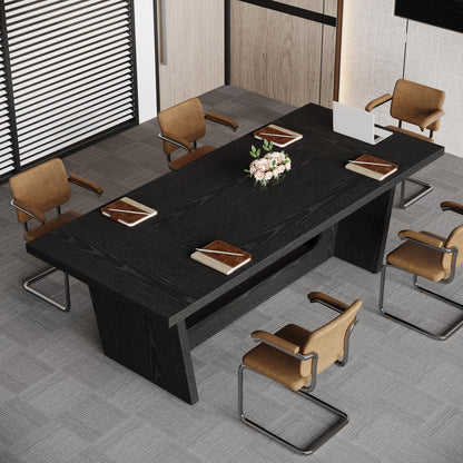 Tribesigns 6 FT Conference Table, 71" Rectangular Meeting Table for Office Conference Room, Large Executive Seminar Desk for 6-8, Wooden Business Boardroom Table with Heavy-Duty Pedestal Base, Black