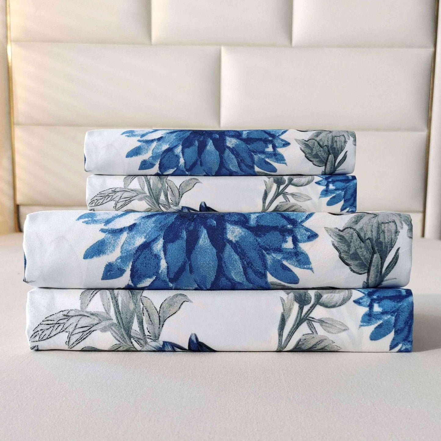 SDIII Blue Floral Twin Fitted Sheet with 2 Pillowcases, Deep Pocket Soft Microfiber Twin Bed Sheet Floral Blue All Season