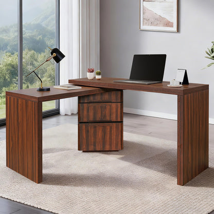 Merax 360° Rotating L-Shaped Desk with 3 Drawers | 90" Modern Corner Computer Desk for Home Office, Living Room, Executive Writing Study Work, Walnut