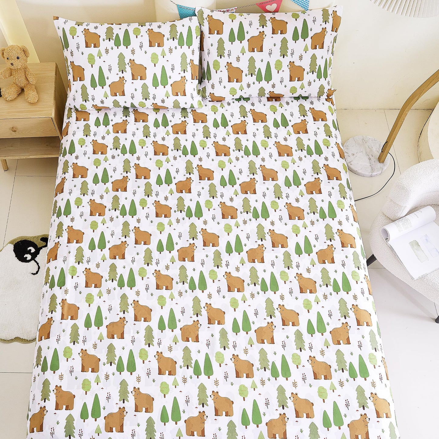 CozySmile Twin Sheet Set Kids,3 Pieces Breathable Soft Microfiber Bedsheets for Child Boys, Oeko-TEX, Anti Pilling Deep Pockets Easy Care Bed Sheets, Forest Bear