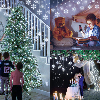 Qunlight Christmas Snowflake Icicle Lights,6.5ft 144LED Curtain Lights Outdoor with 12 Drops, 8 Modes Waterproof Connectable Fairy Light for Eaves, Garden, Yard, Indoor Outdoor Xmas Decor (White)