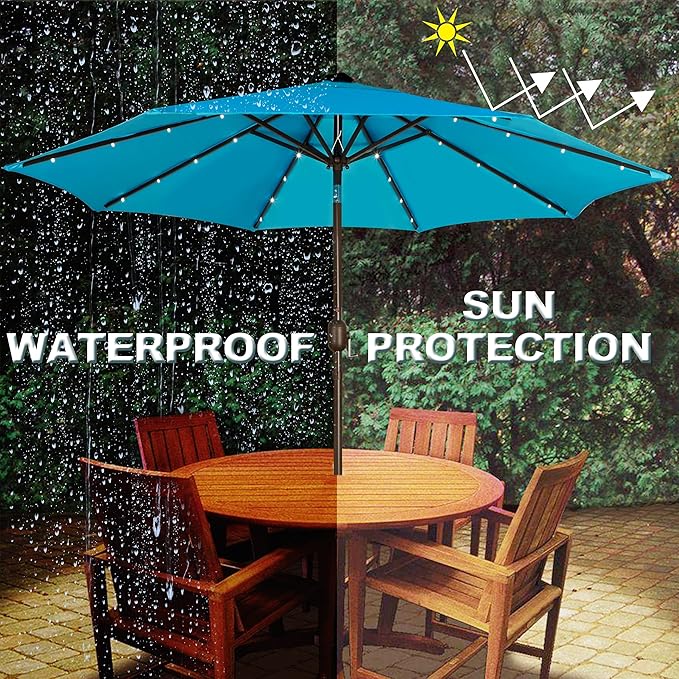 Blissun 9 ft Solar Umbrella, 32 LED Lighted Patio Umbrella, Table Market Umbrella, Outdoor Umbrella for Garden, Deck, Backyard, Pool and Beach (Light Blue)