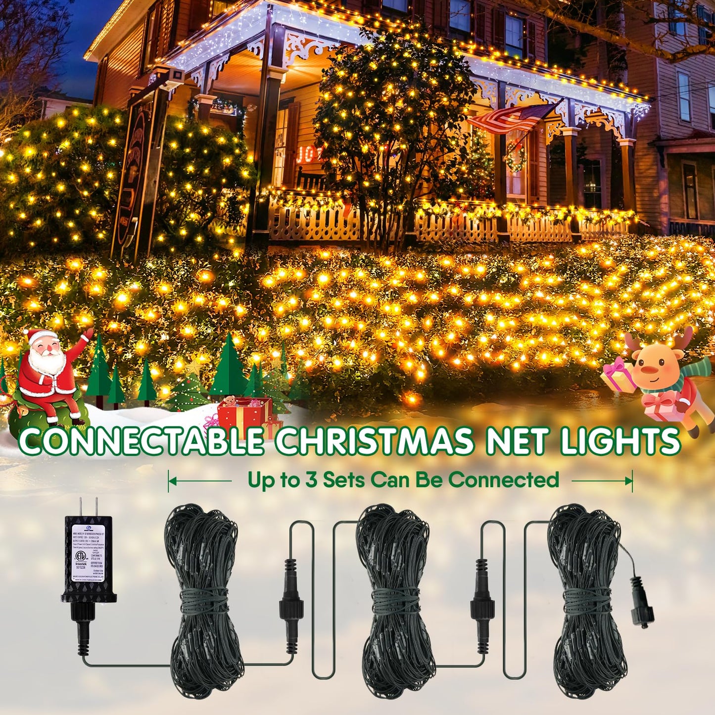 Hezbjiti Christmas Net Lights Outdoor 200 LED 6.9FT x 5.4FT Green Wire with 8 Modes, Connectable Plug in Waterproof, Timer Memory Function for Xmas Tree Bushes Porch Lawn Windows Decor（Warm White）