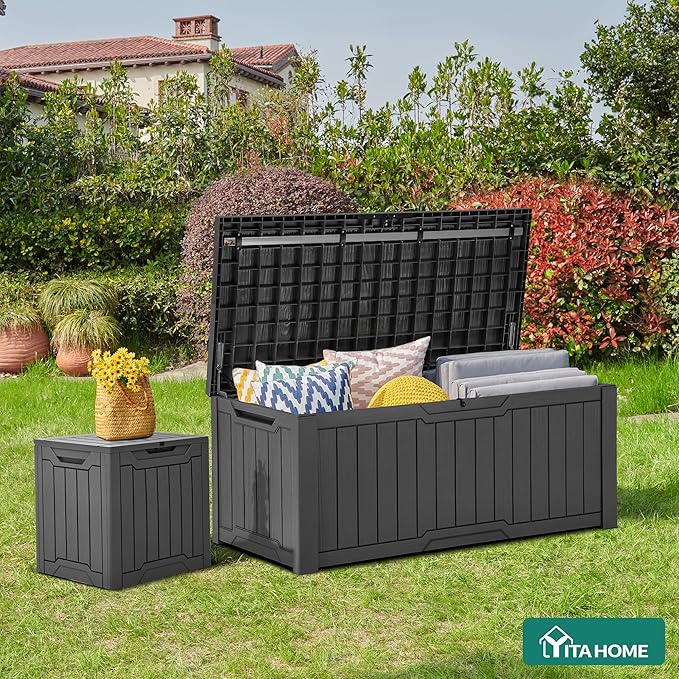 YITAHOME 120 Gallon Outdoor Storage Deck Box, Large Resin Patio Storage for Outdoor Pillows, Garden Tools and Pool Supplies, Waterproof, Lockable, (Dark Grey)