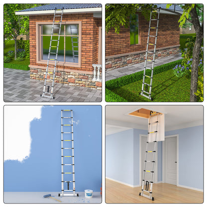 Telescopic Ladder 3.2M/10.5FT Aluminium Extension Loft Ladder with Stabilizer Bar and Detachable Hooks, Multi Purpose Extendable Portable Folding Ladders, 11 Steps, EN131