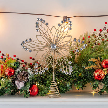 Ornativity Jewel Flower Tree Topper - Gold Glitter Sparkling Metal Wire Star Flower Topper with Sparkly Gem Jewel Finish Holiday Christmas Tree Top Decor Xmas Ornament Decoration