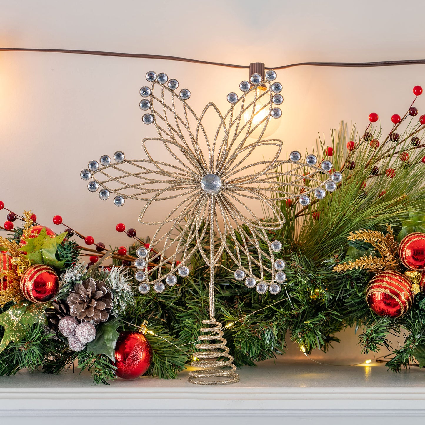 Ornativity Jewel Flower Tree Topper - Gold Glitter Sparkling Metal Wire Star Flower Topper with Sparkly Gem Jewel Finish Holiday Christmas Tree Top Decor Xmas Ornament Decoration