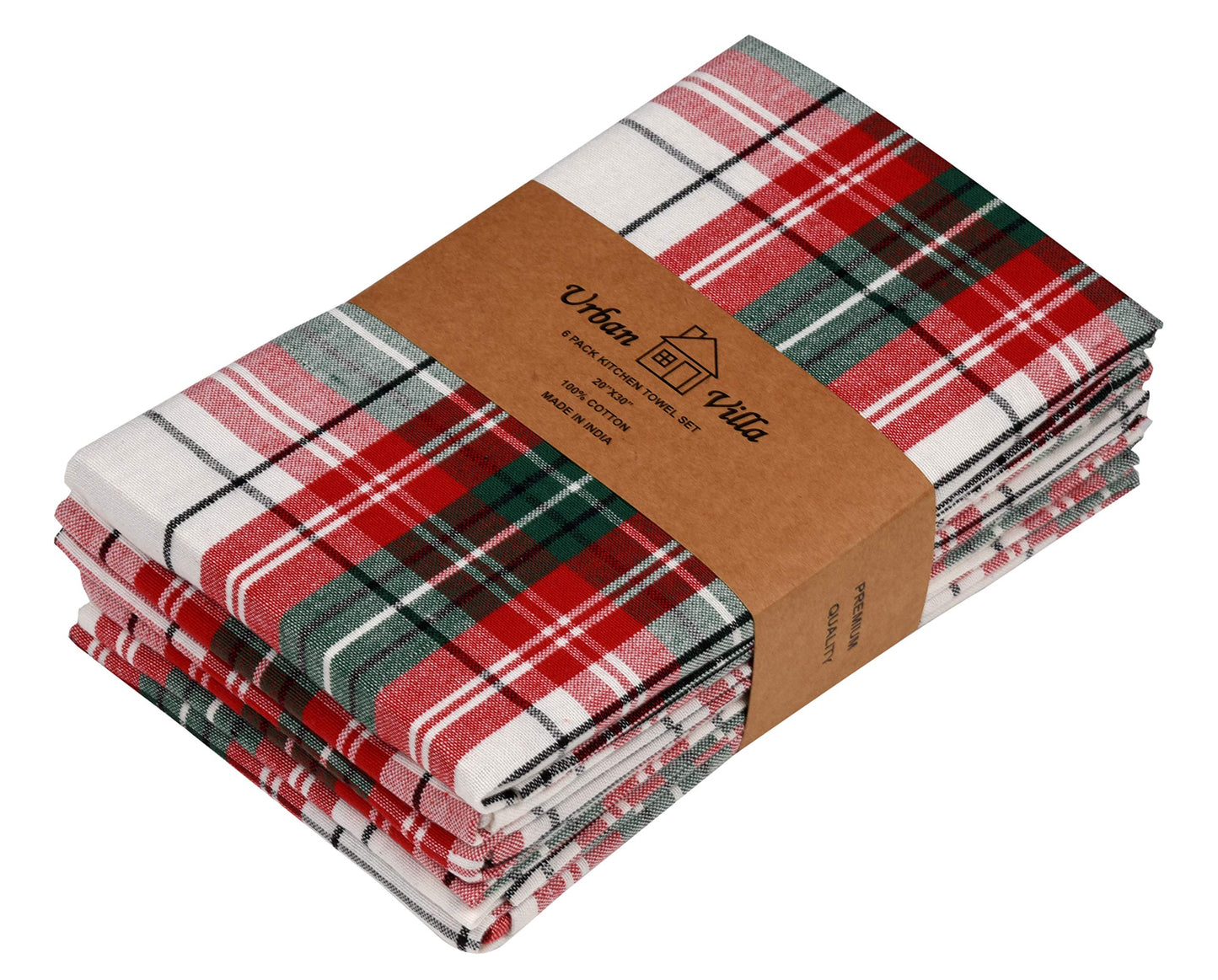 Urban Villa Christmas Kitchen Towels 100% Cotton Dish Towels for Kitchen (Set of 6) 20”x30” Dish Cloths Absorbent Kitchen Linen Set with Hanging Loop Perfect for Drying Dishes Cleaning – Christ Check