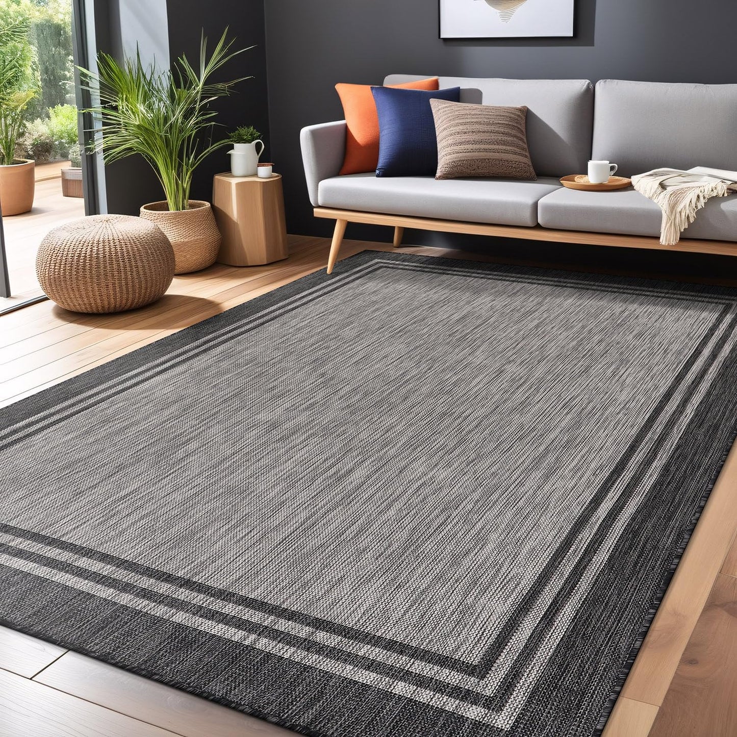 Luul Home Bordered Outdoor Rug 10x14 Washable Outside Carpet for Indoor Patio Porch Waterproof Easy Cleaning Non Shedding Area Rugs Dark Gray 10 x 14