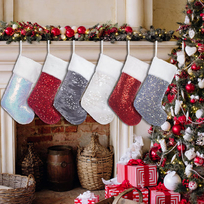 BHD BEAUTY Christmas Stockings 6 Pack for Family 20 inches Red/White/Grey Sequin Sparkle Glitter with Large Plush Cuff Classic Fireplace Tree Decorations Hanging Ornament for Xmas Season Party Decor