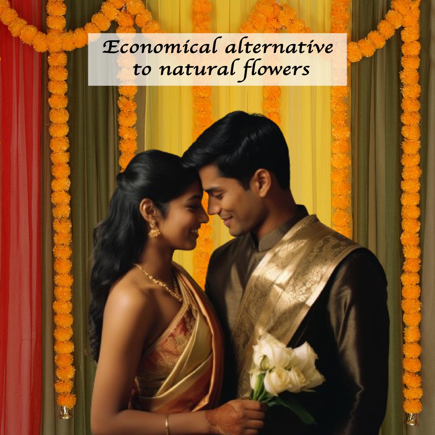 Marubhumi 5-PC Artificial Marigold Flower Garland – 4.5 Feet Long Strands with Bells | Mango Color | Diwali, Wedding, Home, and Christmas Décor