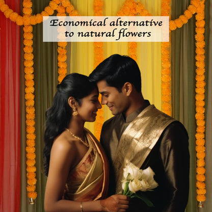 Marubhumi 5-PC Artificial Marigold Flower Garland – 4.5 Feet Long Strands with Bells | Mango Color | Diwali, Wedding, Home, and Christmas Décor