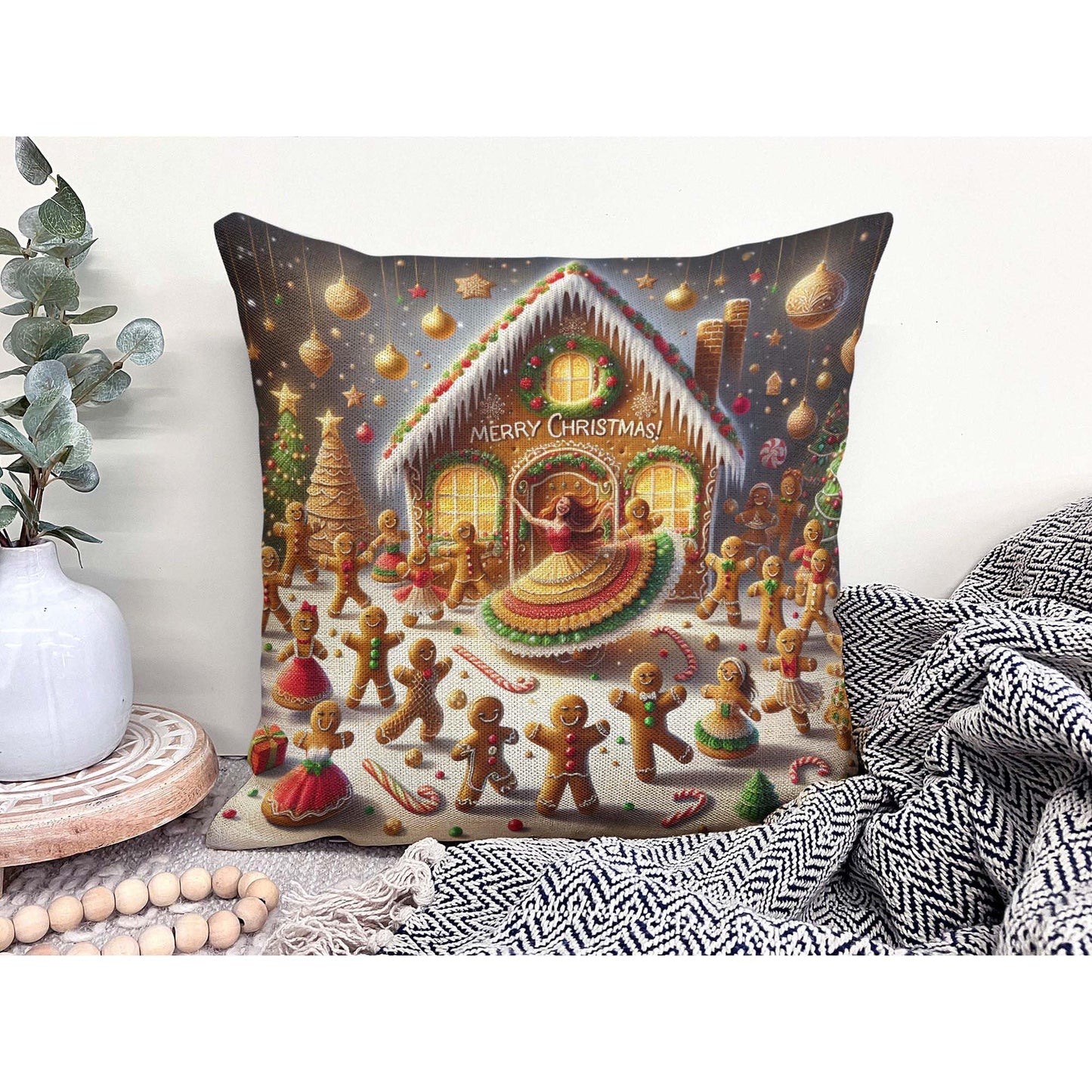 Jiaopenyou Throw Pillow Cover 20x20 Inch,Gingerbread Men in Gingerbread House Dancing with The Words Merry Christmas Throw Pillow Case,Home Decor Cushion Covers for Sofa Living Room Couch Bed