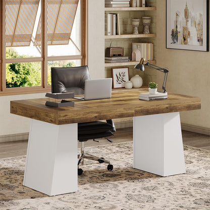 Tribesigns 55" Executive Desk, Wooden Office Desk with Double Pedestal, Modern Simple Computer Writing Table for Home Office, Brown & White
