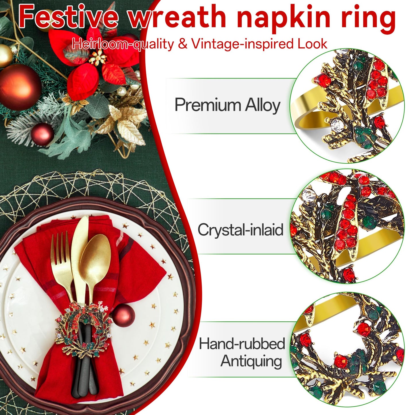 ZeeDix Christmas Wreath Napkin Rings Set of 12, Holiday Rhinestone Christmas Napkin Ring Holders for Cloth Napkins, Napkin Buckle for Thanksgiving Holiday Dinner Table Decor