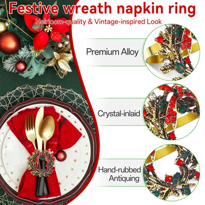 ZeeDix Christmas Wreath Napkin Rings Set of 12, Holiday Rhinestone Christmas Napkin Ring Holders for Cloth Napkins, Napkin Buckle for Thanksgiving Holiday Dinner Table Decor